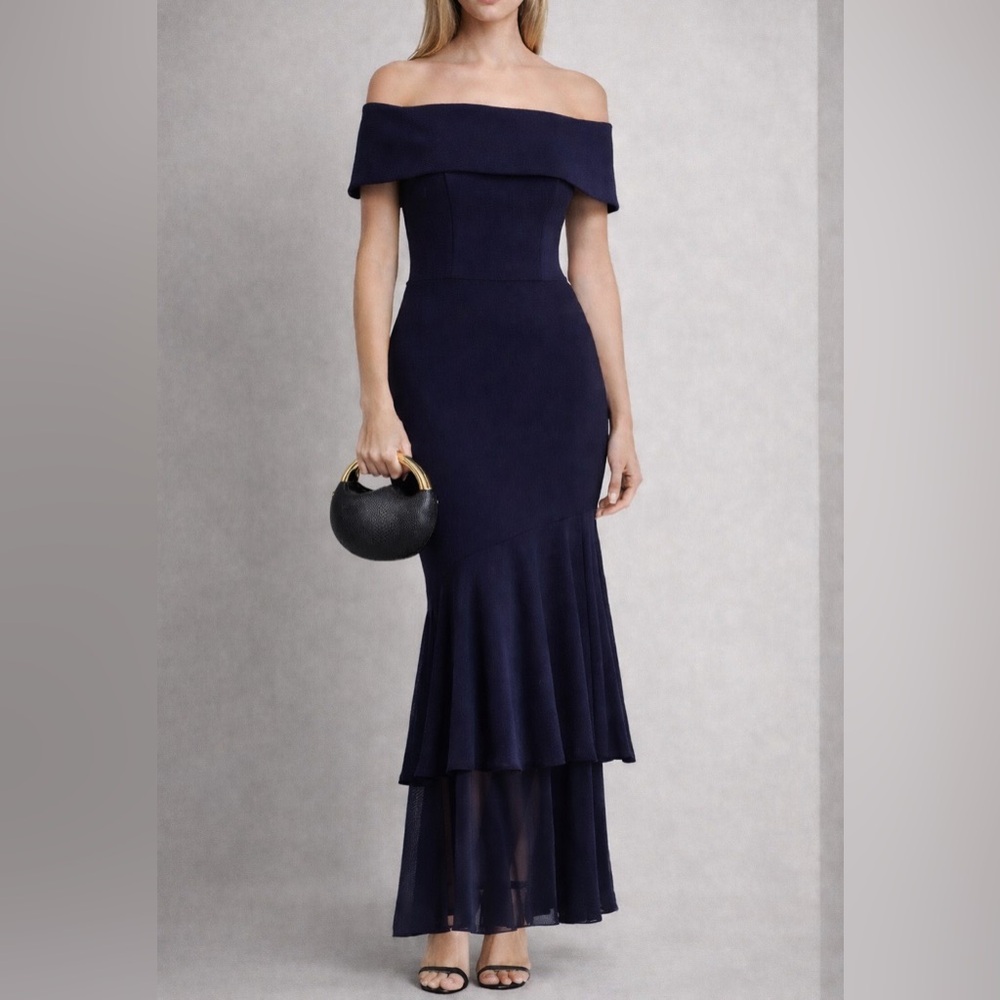 AQUA Navy Off-Shoulder Maxi Dress